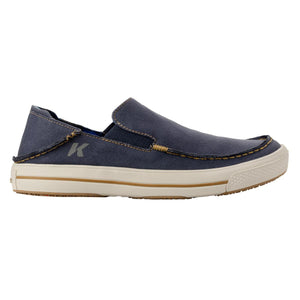Korkers navy blue canvas slip on shoe with white rubber sole