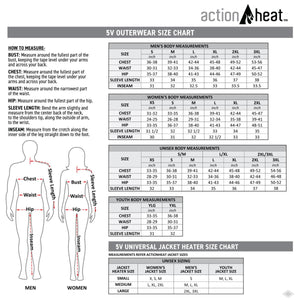 ActionHeat 5V outerwear size chart with measurement instructions and body measurement tables for men women and youth