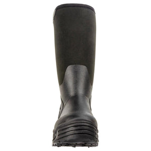 Korkers black rubber and neoprene tall waterproof boot viewed from the back