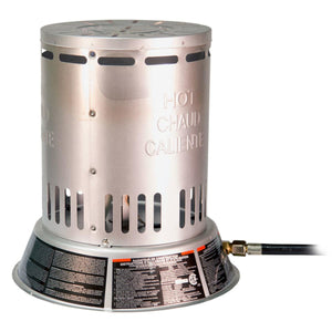 World Marketing propane tank top heater with safety warning labels