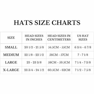 Kool Breeze hat size chart showing small to extra large sizes in inches centimeters and US hat sizes