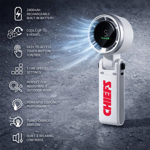 Chiefs branded handheld fan with digital display and eight listed product features