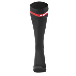 Black knee high compression sock with a red stripe and Hotronic logo