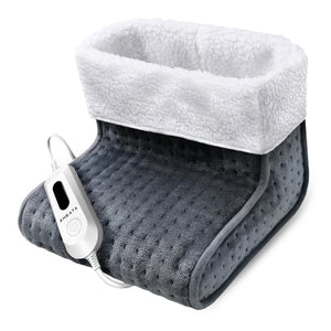 Aheata grey electric foot warmer with white sherpa lining and wired remote control