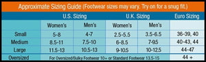 Due North footwear sizing chart comparing US UK and Euro sizes for small medium large and oversized options