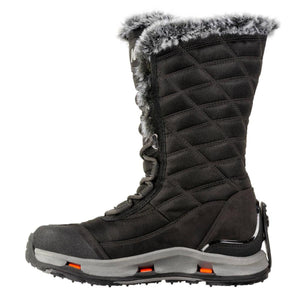 Korkers black quilted winter boot with faux fur trim and grey midsole
