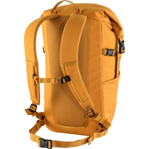 Back view of yellow FjallRaven backpack with mesh padded shoulder straps and waist belt