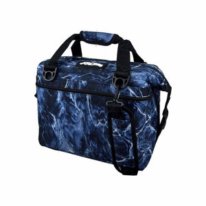 AO Coolers soft sided cooler bag with blue and white water pattern and black handles