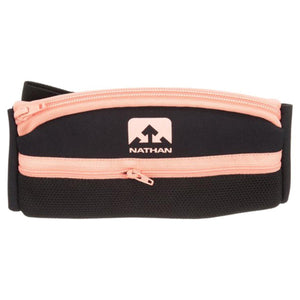 Nathan black running belt with coral pink zipper accents and logo