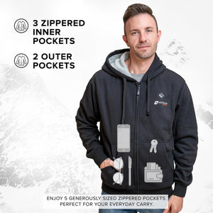 Venture Heat black hoodie showing five pockets for carrying items like a phone keys glasses and wallet