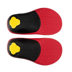 Pair of red and black shoe insoles with yellow heel inserts