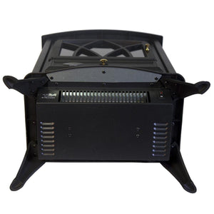 Underside view of a black electric fireplace heater showing the ventilation grill and power switch