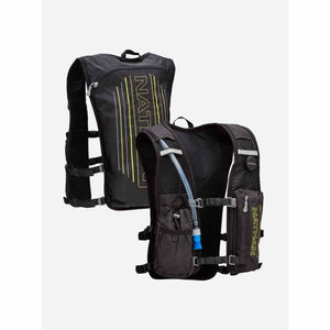 Nathan black hydration vest with yellow accents and water tube