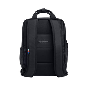 Back view of black Got Bag backpack with padded straps and Create An Impact text