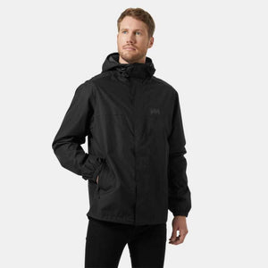 Man wearing a black Helly Hansen hooded rain jacket