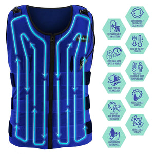 AlphaCool blue cooling vest with water circulation tubes and feature icons