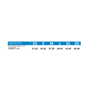 Cool Shirt Aqua Vest Active size chart showing chest measurements in inches for sizes XS through 2X
