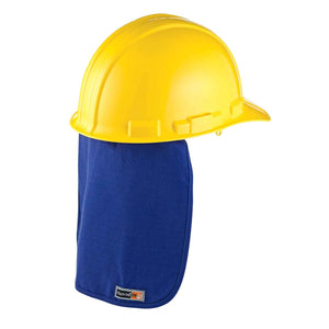 Chill-Its blue hard hat neck shade attached to a yellow hard hat
