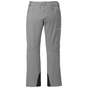 Outdoor Research grey hiking pants back view with zippered pocket and reinforced cuffs
