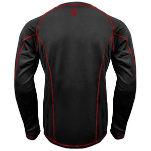Back view of black long sleeve compression shirt with red contrast stitching and logo