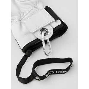 White Hestra glove cuff with metal carabiner and black wrist strap