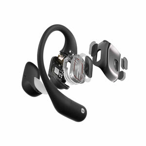 Exploded view of a black wireless earbud showing internal components and ear hook