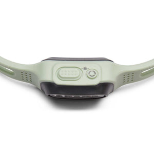 Top view of a sage green headlamp with a power button and lock icon