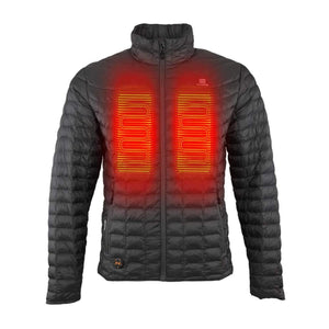 Mobile Warming black quilted heated jacket with glowing red chest heating elements