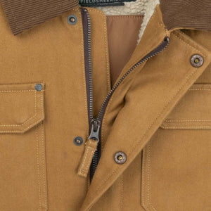 Mobile Warming tan canvas jacket with brown corduroy collar and sherpa lining