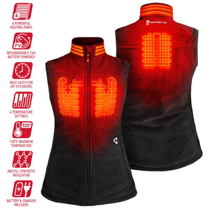Gerbing heated vest showing front and back views with four heating zones and feature icons