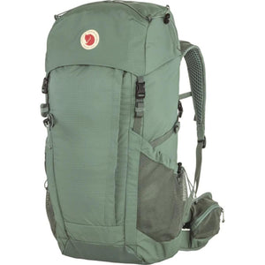 Sage green FjallRaven hiking backpack with mesh side pockets and FjallRaven logo patch