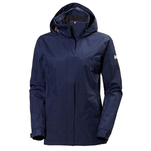 Helly Hansen navy blue hooded rain jacket with front zipper and logo