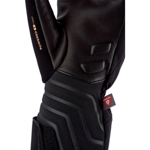 Black leather motorcycle glove with Powered Heat branding and Primaloft tag