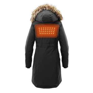 Back view of a black Kelvin parka with a glowing orange heating element panel on the upper back