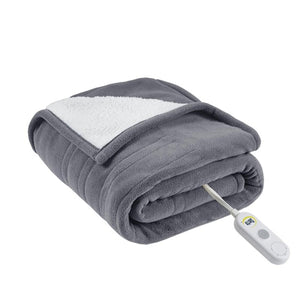 Serta grey and white fleece heated blanket with controller