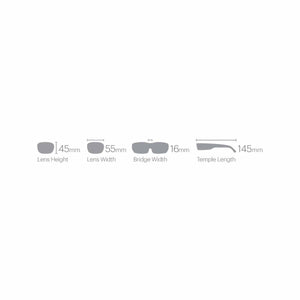 Smith Optics eyewear sizing diagram showing lens height 45mm lens width 55mm bridge width 16mm and temple length 145mm