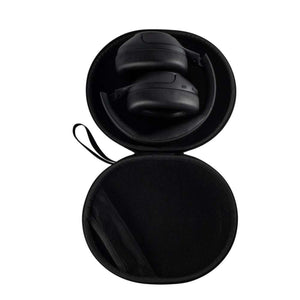 Black over ear headphones folded inside a circular protective carrying case