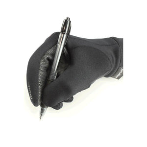 Hand wearing a black Seirus glove holding a pen