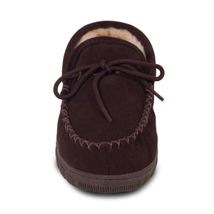Cloud Nine Sheepskin brown suede moccasin slipper with lace tie and sheepskin lining