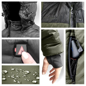 ActionHeat heated jacket features including hood, logo, power button, cuff, and battery pocket