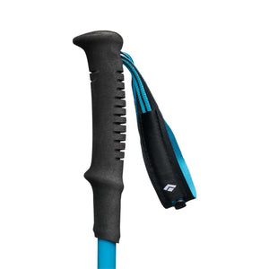Black Diamond trekking pole handle with black foam grip and blue adjustable wrist strap