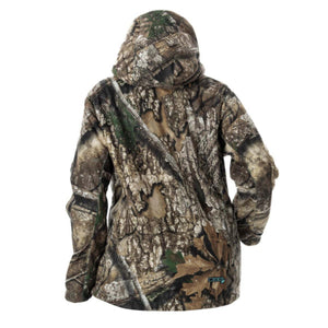 Back view of DSG Outerwear hooded jacket in tree bark camouflage pattern