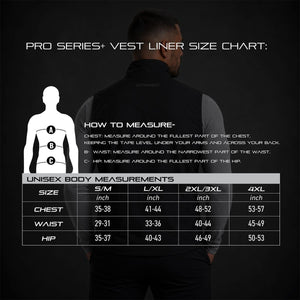 ActionHeat Pro Series vest liner size chart with measurement instructions and body measurement table