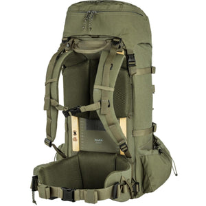 FjallRaven Kajka 35 hiking backpack in green showing the back panel and wooden frame