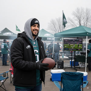 Fan wearing Philadelphia Eagles gear holding a football at a tailgate party