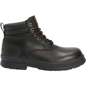 Dark brown leather lace up work boot with black rubber sole