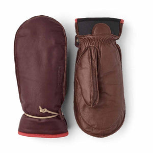 Hestra brown leather mittens with red trim and drawstring closure