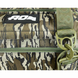 AO Coolers camo pattern soft cooler bag with green strap and logo patch
