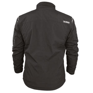 Back view of a black Mobile Warming jacket with high collar and reflective shoulder details