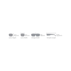 Smith Optics eyewear sizing diagram showing lens height 42mm, lens width 61mm, bridge width 16mm, and temple length 125mm